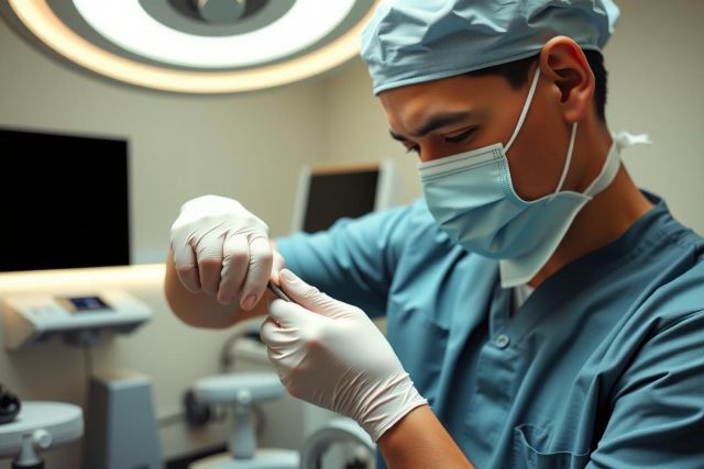 Surgeon in blue scrubs and mask wearing gloves, performing surgery in an operating room. Focus on precision and medical environment.