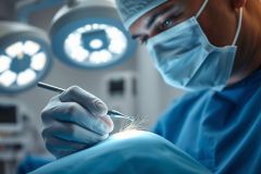 Surgeon performing surgery under bright operating room lights. Focus on a gloved hand with surgical tools, highlighting precision and medical expertise in a sterile, blue-toned environment. Healthcare, medical procedure, operation.
