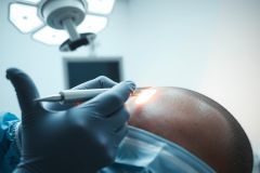 Close-up of a surgical procedure. A gloved hand holds an instrument near a patient's head under bright surgical lights. Focus on medical examination and healthcare setting.