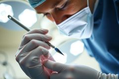Surgeon holding a surgical instrument in an operating room. Sterile environment, blue scrubs, and focused medical procedure. Healthcare professional, close-up, bright lighting.