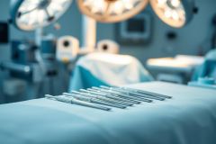 Surgical instruments laid out on a sterile blue operating table in a brightly lit operating room. Focus on stainless steel tools under overhead surgical lights, conveying a medical and healthcare context. Clean, clinical environment.