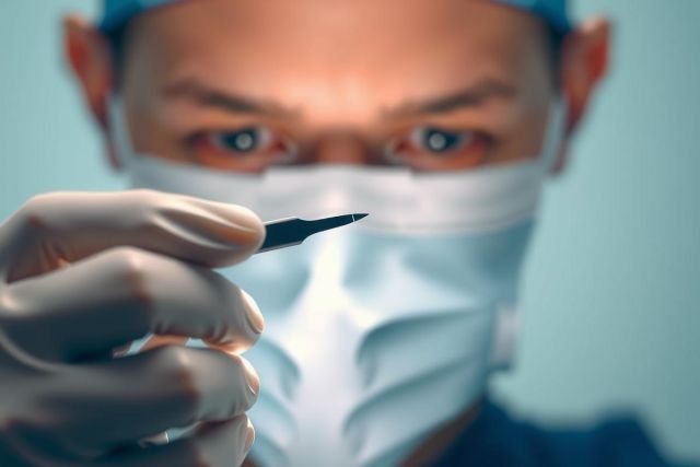 Close-up of a person in a medical mask and gloves holding a syringe. Focus on healthcare, medicine, and a clinical environment. Blue tones dominate the image.