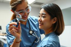 Doctor examining a patient with a magnifying glass. Healthcare professional in a blue scrubs, close-up view in a clinic setting. Focus on medical examination and patient care.