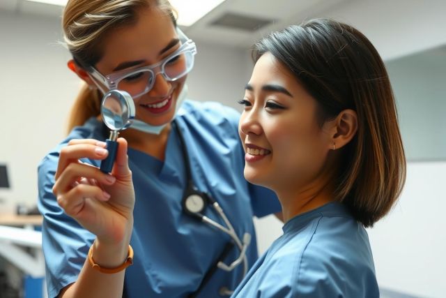 Doctor examining a patient with a magnifying glass. Healthcare professional in a blue scrubs, close-up view in a clinic setting. Focus on medical examination and patient care.