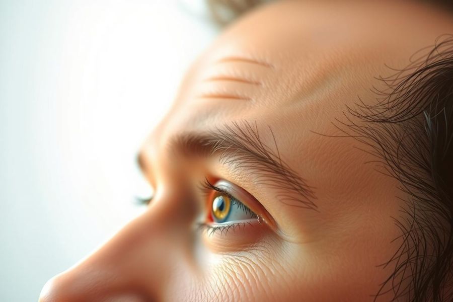 Close-up of a human eye, showcasing blue irises and brown eyelashes. The image highlights detail and texture, with a shallow depth of field and natural lighting. Focus on eye contact and portrait photography.