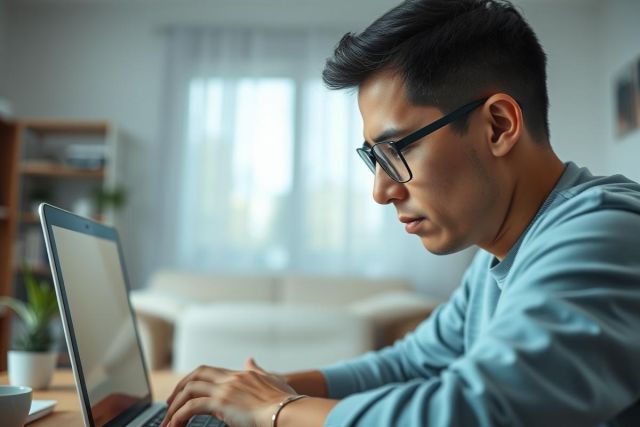 Young man wearing glasses intently working on a laptop at home. Focused on screen, in a bright, modern living room setting. Casual attire, neutral color palette, depicting remote work or studying.