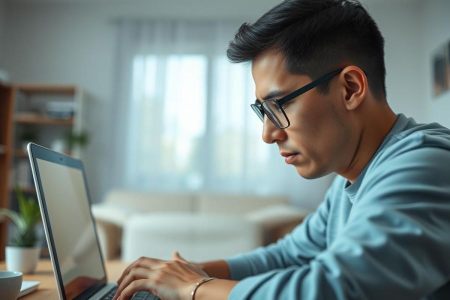 Young man wearing glasses intently working on a laptop at home. Focused on screen, in a bright, modern living room setting. Casual attire, neutral color palette, depicting remote work or studying.