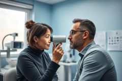 Eye exam in a doctor's office. A woman uses an ophthalmoscope to examine a man's eye. Healthcare, vision care, and medical checkup in a blue-toned clinic setting.
