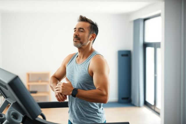 Man exercising on a treadmill in a modern home gym. He’s wearing a grey tank top and checking his fitness tracker. Bright, clean interior with white walls and large windows. Focus on fitness, healthy lifestyle, and indoor workout.