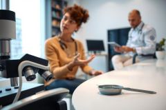 Scientists collaborating in a lab. A woman gestures while a man holds a tablet. Equipment and labware are visible. The setting suggests research and analysis.