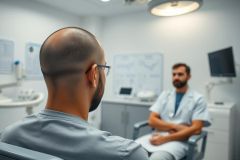 Doctor consultation in a modern, bright medical clinic. A patient sits facing a doctor in a white coat, discussing healthcare. The room features white walls, medical equipment, and a clean, professional environment. Focus on patient care and medical consultation.