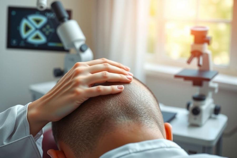Scientist or lab worker with hand on head, seemingly stressed. Laboratory setting with equipment visible. White coat, focus on person's head and hands, bright laboratory lighting.