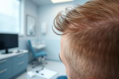 Close-up view of a person's reddish-brown hair in a modern, light blue medical office. A computer monitor and dental chair are visible in the background, suggesting a dentist or healthcare setting. Clean, bright, and focused on the patient's perspective.