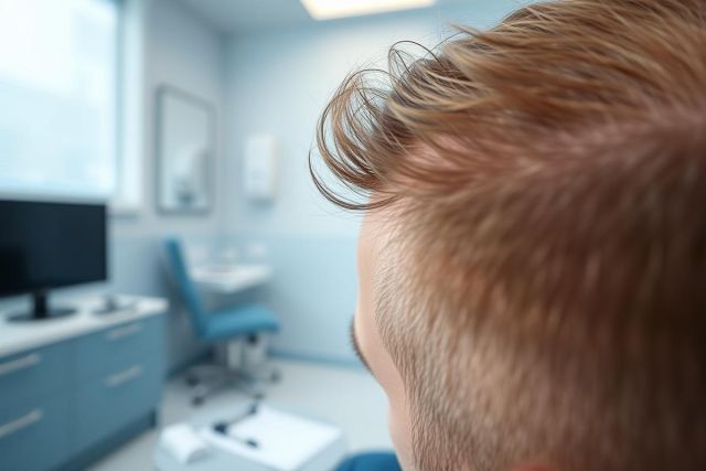 Close-up view of a person's reddish-brown hair in a modern, light blue medical office. A computer monitor and dental chair are visible in the background, suggesting a dentist or healthcare setting. Clean, bright, and focused on the patient's perspective.