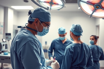 The image shows an operating room where a group of medical professionals, including surgeons and nurses, are preparing for surgery. The primary focus is on two individuals in the center, who appear to be engaged in discussion or reviewing medical records.