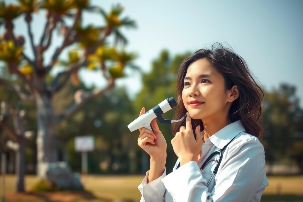 The image features a young woman outdoors, likely in a park or nature area. She is dressed casually and has her hands raised to her eyes as if she's wearing a pair of binoculars or goggles. Her expression suggests curiosity and exploration.