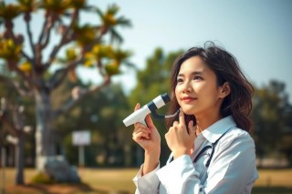 The image features a young woman outdoors, likely in a park or nature area. She is dressed casually and has her hands raised to her eyes as if she's wearing a pair of binoculars or goggles. Her expression suggests curiosity and exploration.