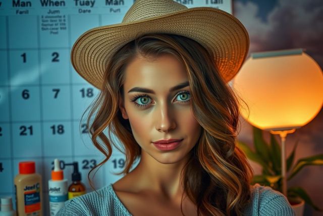 The image features a woman wearing a wide-brimmed hat. She has her hair styled down and is looking directly at the camera with a neutral expression. 
