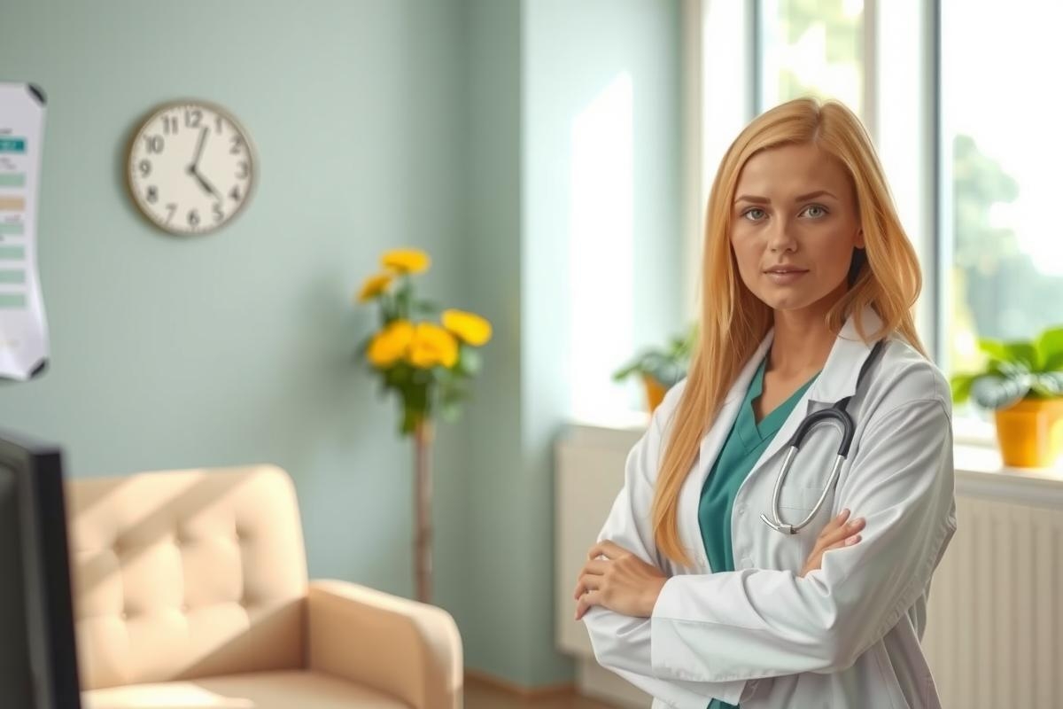 The image depicts a woman in a doctor's office, wearing a white lab coat over her medical scrubs. She has blonde hair and is standing with her hands clasped together behind her back.