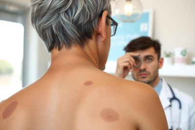 The image features a person with acupuncture marks on their back, being examined by another individual who appears to be a medical practitioner. 