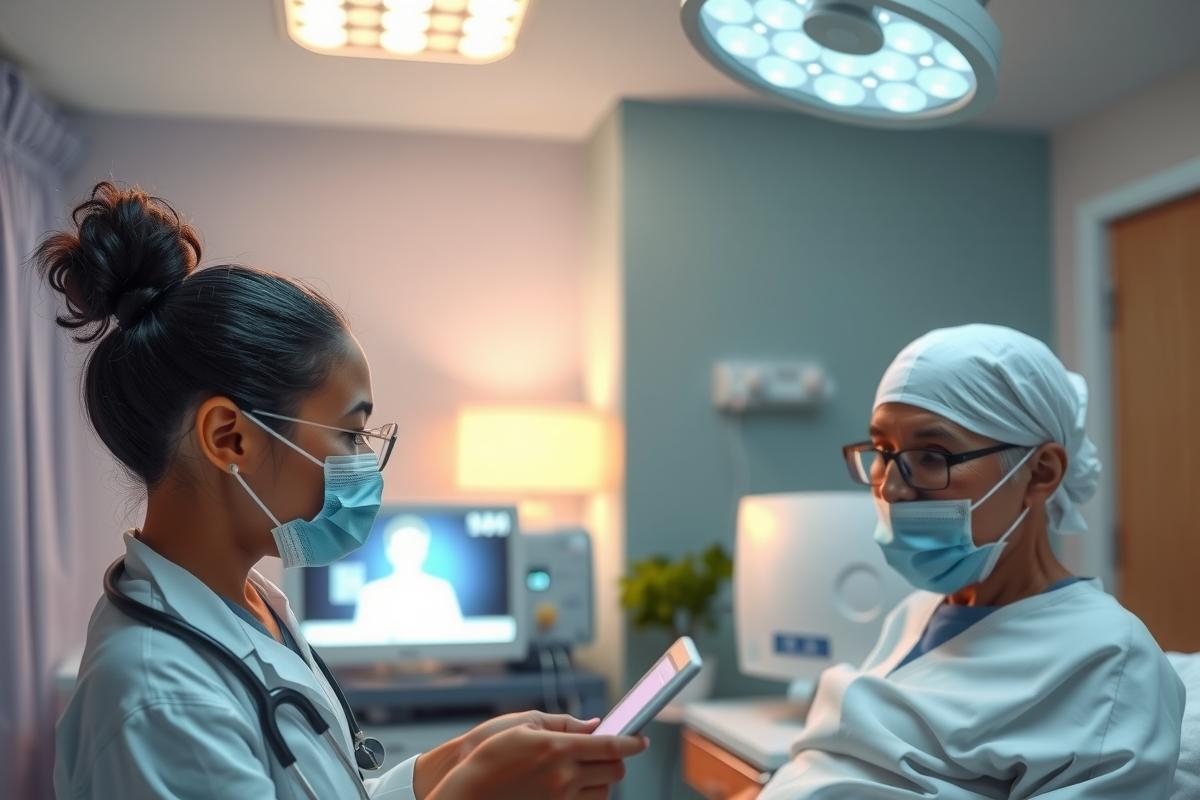 The image depicts a medical scene with two individuals, presumably doctors or nurses, wearing surgical masks and medical attire. They are standing in an operating room setting with medical equipment such as monitors, IV drip stands, and a gurney visible.