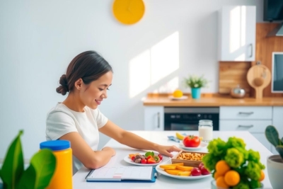 A woman is in a kitchen surrounded by various fruits and vegetables, suggesting a healthy lifestyle or meal preparation. The kitchen is modern with a countertop that displays a variety of fresh produce.