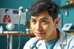 The image features a young man in a medical environment, wearing a white lab coat and glasses.