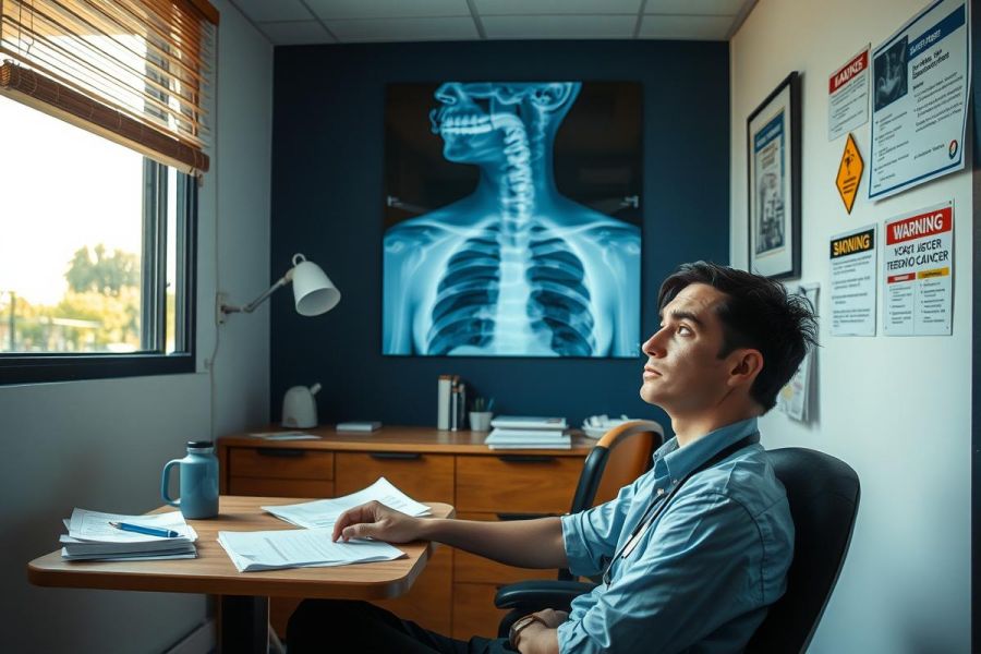The image depicts a man in an office setting. He is seated at a desk with his chin resting on his hand, suggesting a thoughtful or contemplative pose. The man appears to be looking out of the window, which has blinds partially drawn, allowing some daylight into the room. His attire consists of a dark blue shirt and gray slacks, indicating a formal business environment. Behind him, on the wall, there is a large print of a human skeleton, likely used for educational or informational purposes.