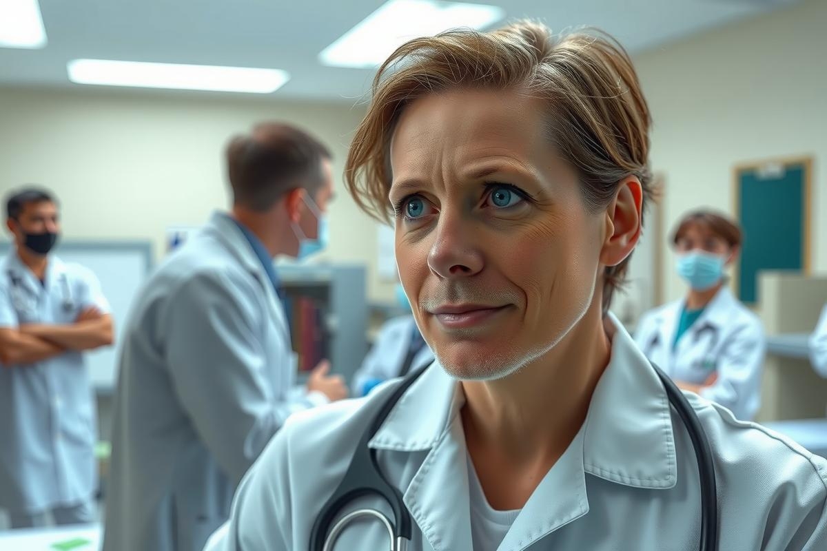 In this image, a group of medical professionals are gathered in what appears to be an emergency room or intensive care unit. The central figure is a female doctor dressed in a white lab coat, who has her hands clasped together and is looking off to the side with a concerned expression.