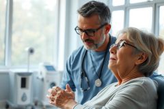 Doctor consults with a senior woman in a bright, modern medical office. The image features a healthcare professional in blue, listening attentively to an elderly patient. Natural light and a focus on patient care create a reassuring atmosphere.