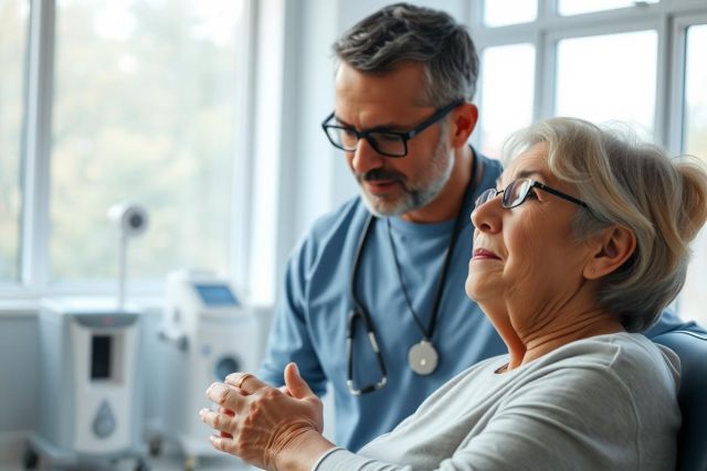 Doctor consults with a senior woman in a bright, modern medical office. The image features a healthcare professional in blue, listening attentively to an elderly patient. Natural light and a focus on patient care create a reassuring atmosphere.