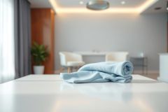 Soft blue towel neatly folded on a white surface in a modern, minimalist interior. The blurred background features neutral colors, a potted plant, and stylish furniture, creating a serene and luxurious spa-like atmosphere. Focus on relaxation and clean design.