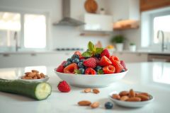 Fresh berries, including strawberries and blueberries, are arranged in a white bowl on a bright kitchen countertop. Almonds and a cucumber are nearby.