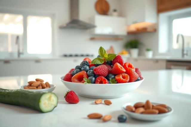 Fresh berries, including strawberries and blueberries, are arranged in a white bowl on a bright kitchen countertop. Almonds and a cucumber are nearby.
