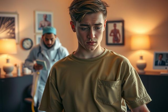 The image shows a young man seated with his head slightly tilted, appearing to be in deep thought or possibly distress. The man is wearing a light-colored t-shirt and seems to be looking off to the side rather than engaging directly with the person standing behind him. 