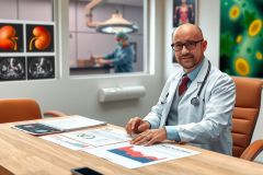 The image shows a male doctor sitting at a desk in an office environment. He is wearing a white lab coat, suggesting he may be a medical professional or scientist. The room contains various medical posters and images on the wall.
