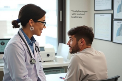 This image features a medical office setting with two individuals, an adult female doctor and a younger male patient. The doctor is wearing a stethoscope around her neck and has a confident expression while speaking to the patient. The patient appears attentive. 
