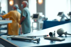 Surgical instruments on a table in an operating room. Medical equipment and a blurred surgical team are visible in the background. Blue and yellow color scheme. Healthcare setting.