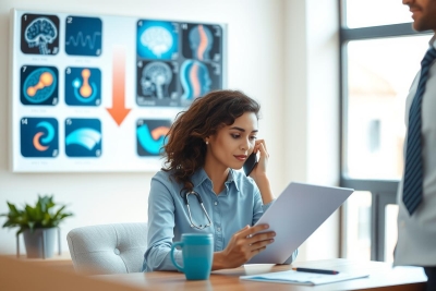 The image depicts a professional setting, likely an office environment. A female doctor is seated at her desk and appears to be engaged in paperwork or reviewing patient files.