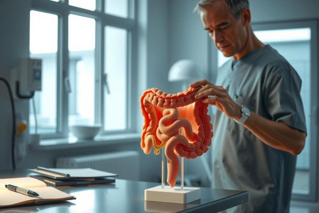 Doctor examines a detailed anatomical model of the digestive system in a lab setting. Focus on medical education, anatomy, and healthcare. Orange and white color scheme with a clinical environment.