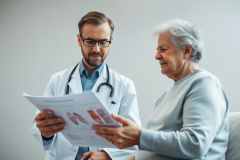 Doctor reviewing medical charts with senior patient. Healthcare consultation in a bright, neutral-toned room. Focus on doctor-patient relationship and medical assessment. Professional, caring, and informative image.