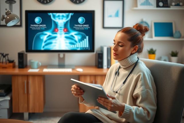 This image depicts a modern office setting. A woman is seated in front of a large screen displaying medical imaging, possibly X-rays or MRI scans. She appears to be reviewing the images on a tablet computer. The environment suggests a professional and focused atmosphere, potentially within a healthcare facility. 