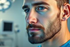 Close-up portrait of a young man with a beard and striking blue eyes. He appears to be in a medical setting, possibly a doctor or dentist, with surgical equipment visible in the background. The image features cool blue and neutral tones, conveying a professional and focused mood.