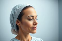 Close-up portrait of a woman wearing a light blue surgical cap. She has a serene expression with her eyes closed against a soft, muted blue background. The image suggests a medical or healthcare setting, highlighting beauty and calmness.