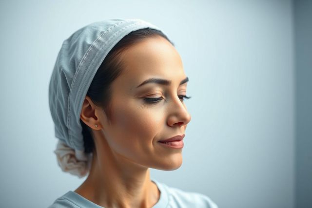 Close-up portrait of a woman wearing a light blue surgical cap. She has a serene expression with her eyes closed against a soft, muted blue background. The image suggests a medical or healthcare setting, highlighting beauty and calmness.