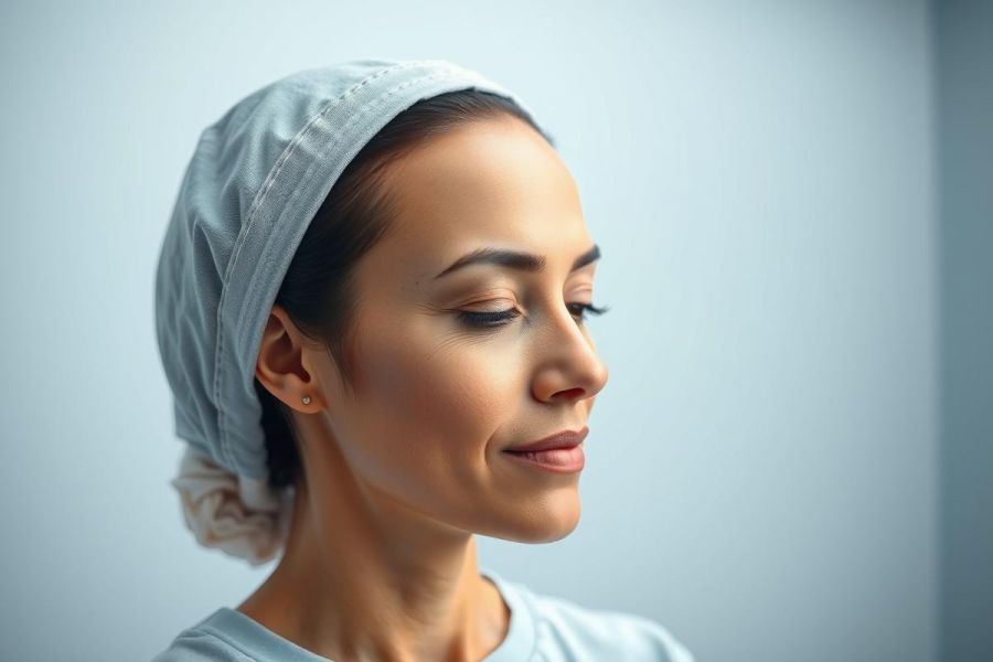 Close-up portrait of a woman wearing a light blue surgical cap. She has a serene expression with her eyes closed against a soft, muted blue background. The image suggests a medical or healthcare setting, highlighting beauty and calmness.