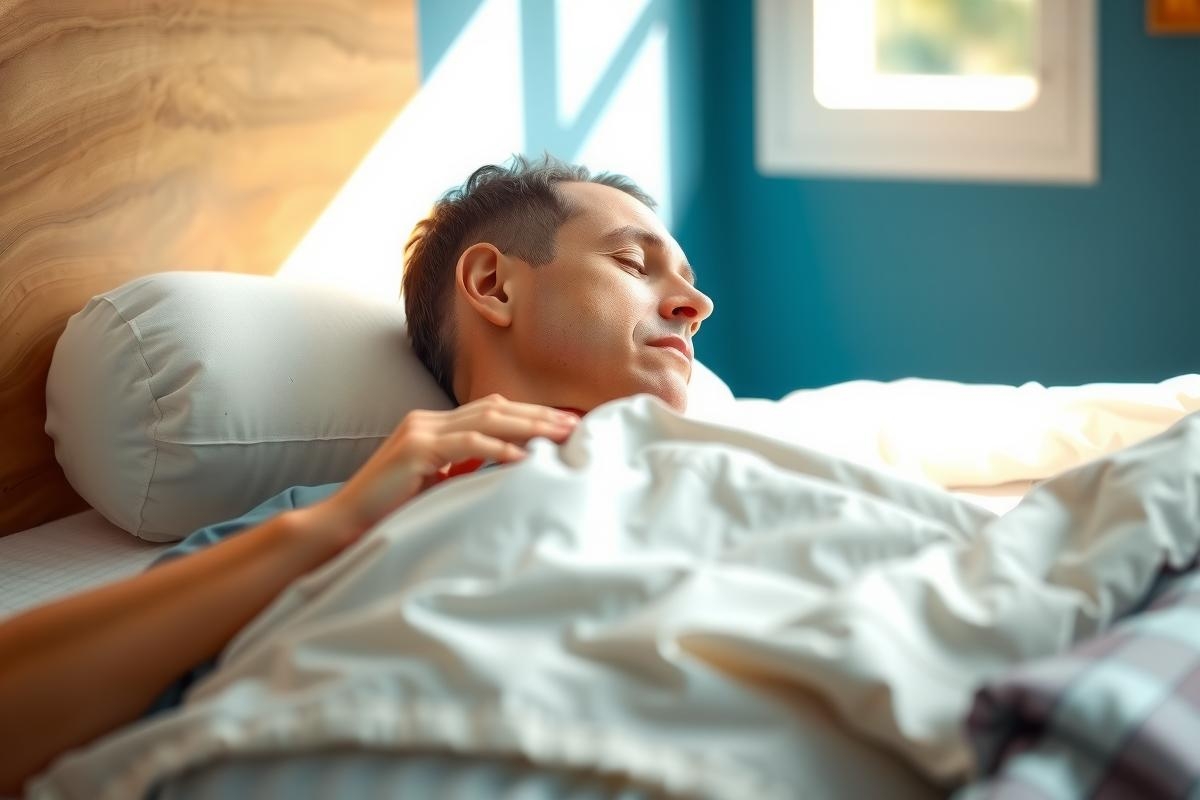 Man sleeping peacefully in bed under a white duvet. Soft light illuminates the bedroom with a blue wall and a white pillow. Relaxing, peaceful sleep, cozy home environment.