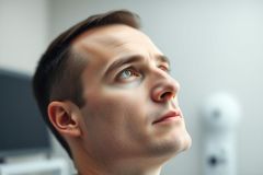 Close-up portrait of a young man looking upwards. The image features a neutral background with soft lighting, highlighting his face and brown hair. A contemplative and thoughtful expression is captured in this studio shot.