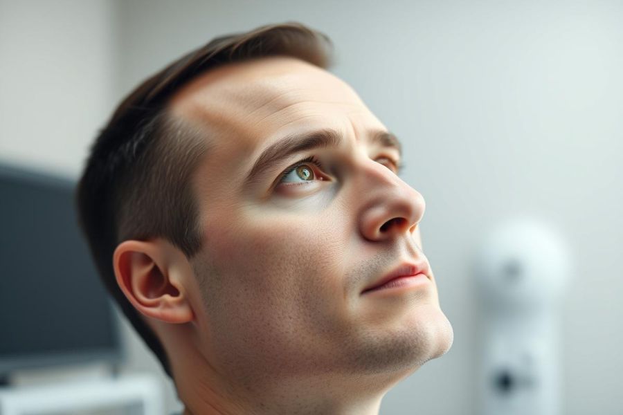 Close-up portrait of a young man looking upwards. The image features a neutral background with soft lighting, highlighting his face and brown hair. A contemplative and thoughtful expression is captured in this studio shot.