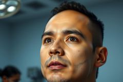 Close-up portrait of a man looking upwards. The image features a shallow depth of field and a blue-toned lighting, creating a moody atmosphere. Focus is on the man's face, with a blurred background suggesting an interior setting.